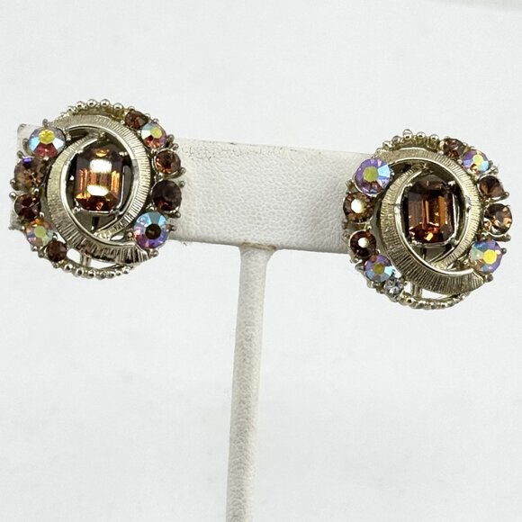Vintage Coro brown rhinestone clip on earrings